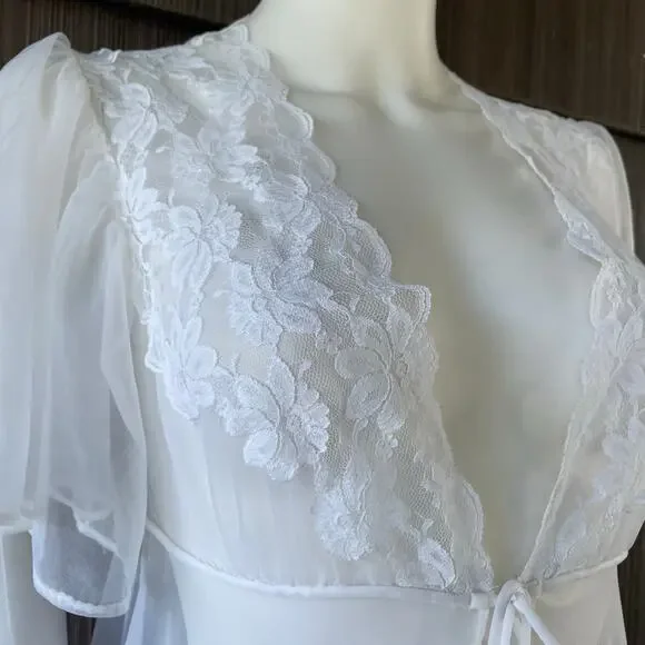 Vintage Val Mode Fairy Sheer Nylon Short flutter Sleeve Lace White Maxi Robe S-M - Picture 6 of 16